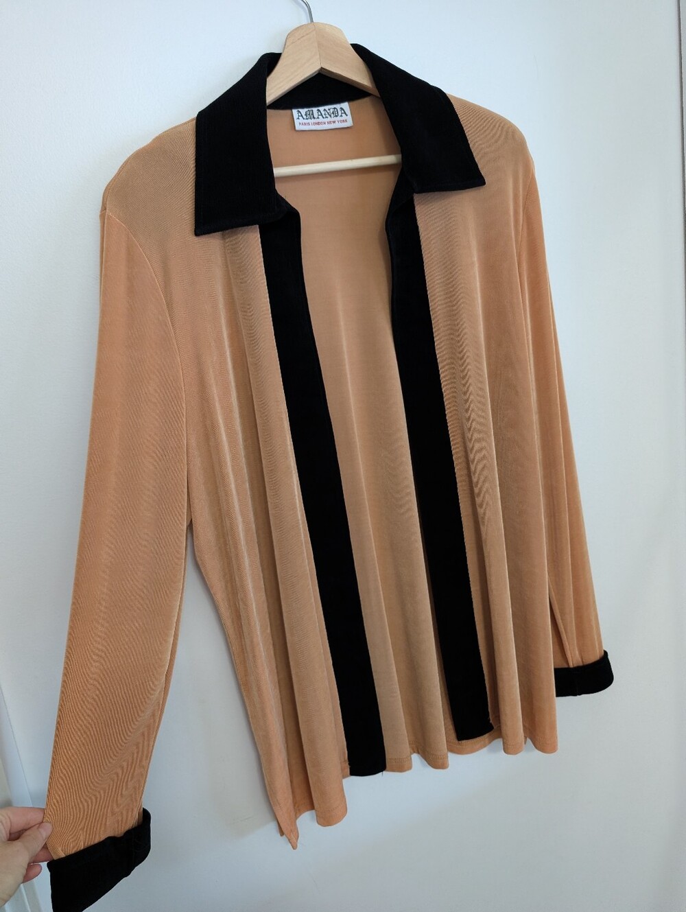 Vintage 90s Acetate Cardigan Slinky Oversized Sweater Peach Black Collar Preppy